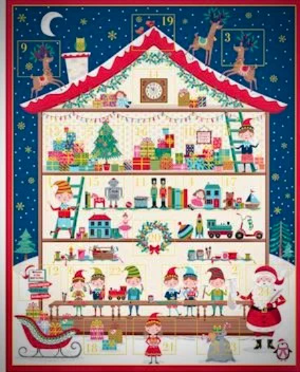 Makower Santa's Workshop Advent Calendar Panel 2227 Multi Coloured 100% Cotton Christmas