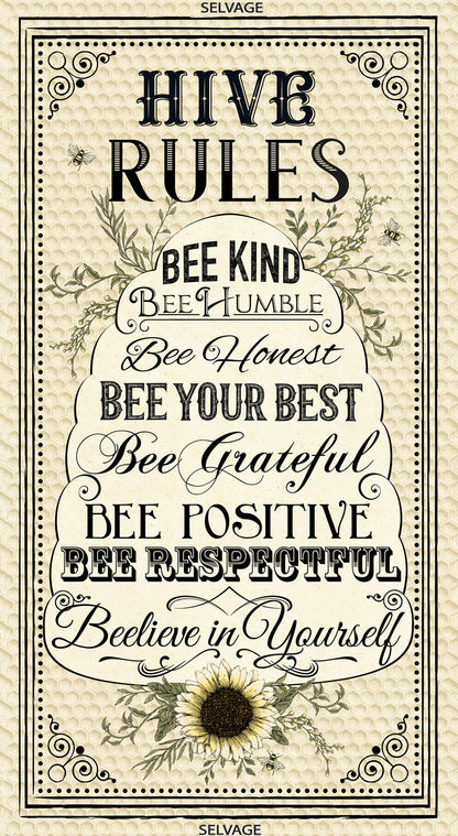 Timeless Treasures Hive Rules Bee Fabric Panel 100% Cotton  C7170