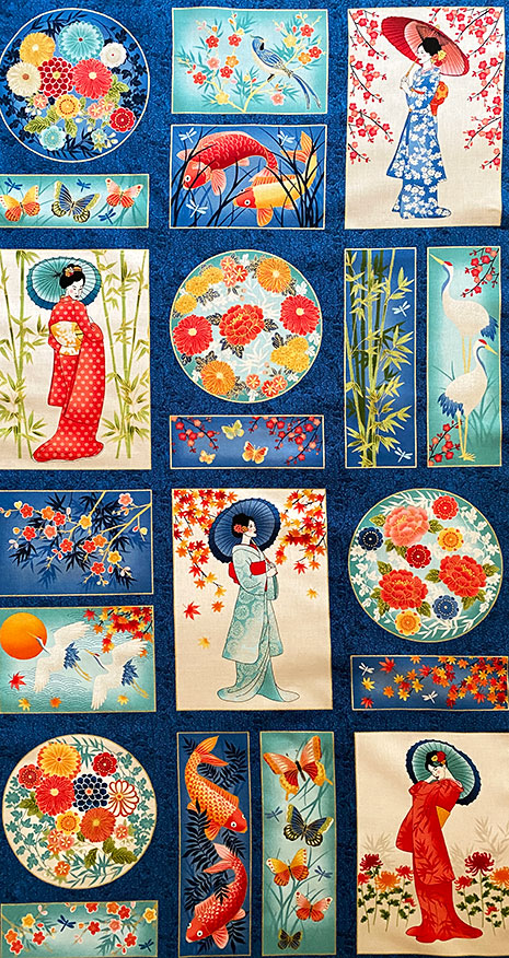 Collage of various illustrated scenes including women in traditional attire, flowers, and nature elements on a blue background.