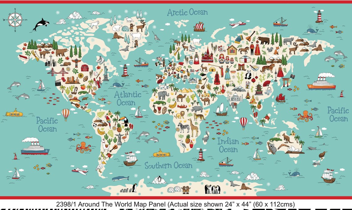Makower Around the World Map Fabric Panel 2398 100% Cotton