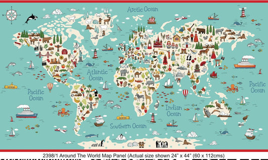Makower Around the World Map Fabric Panel 2398 100% Cotton