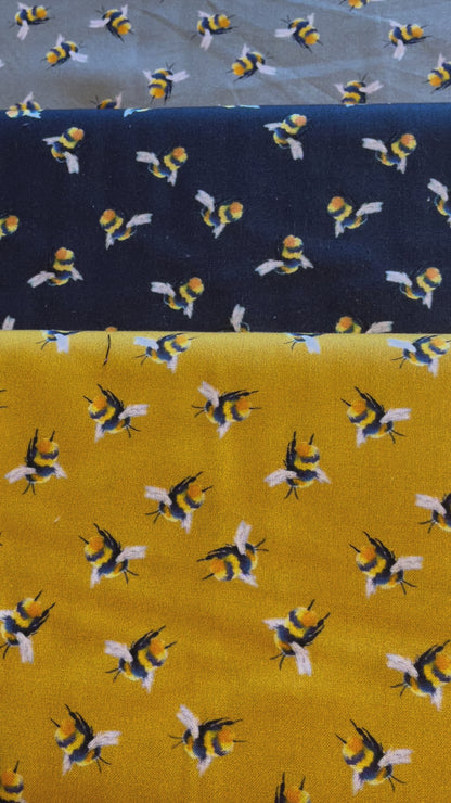 Small Bees 100% Cotton Fabric Mustard Navy Light Grey Dark Grey Craft by Craft Cotton Company