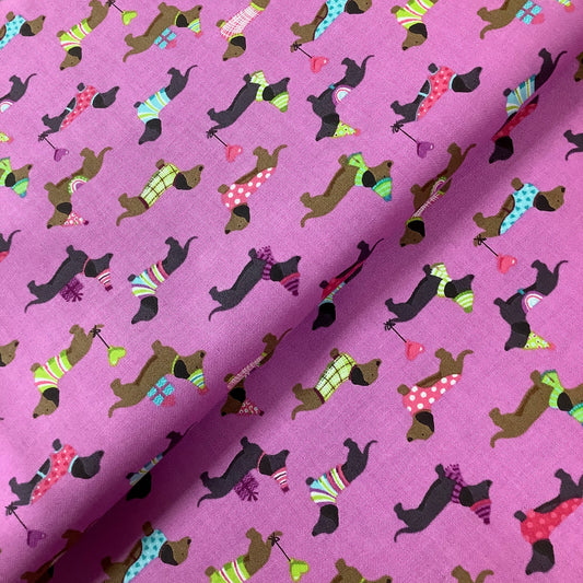 Makower Furry Friends Dachshunds Pink Background 2543 L 100% Premium Cotton Fabric