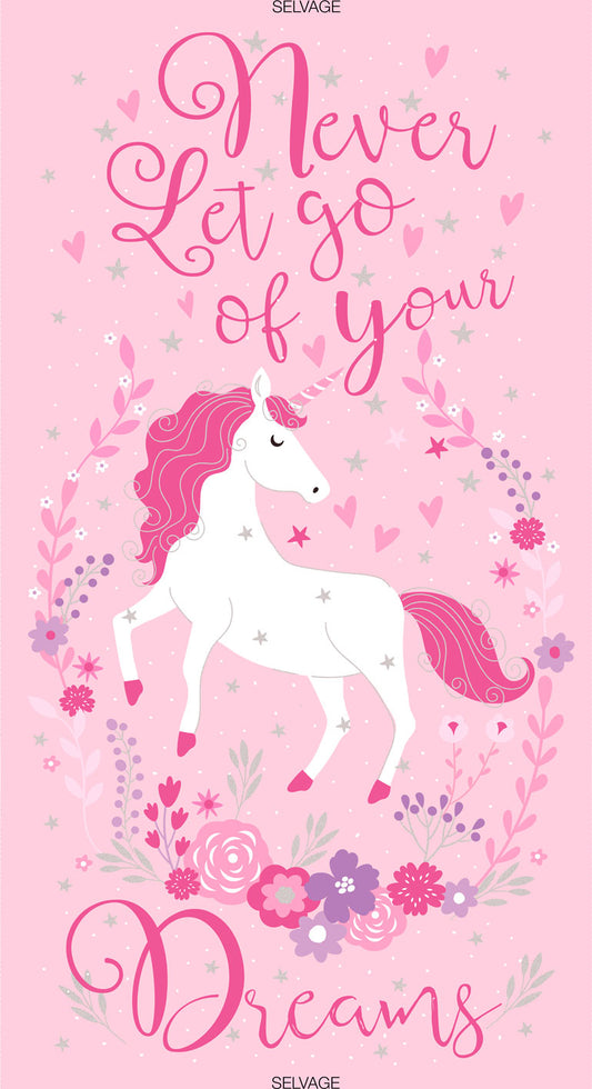 TIMELESS TREASURES Never Let Go of Your Dreams Unicorn Quilt Panel Pink Silver Metallic CM6561